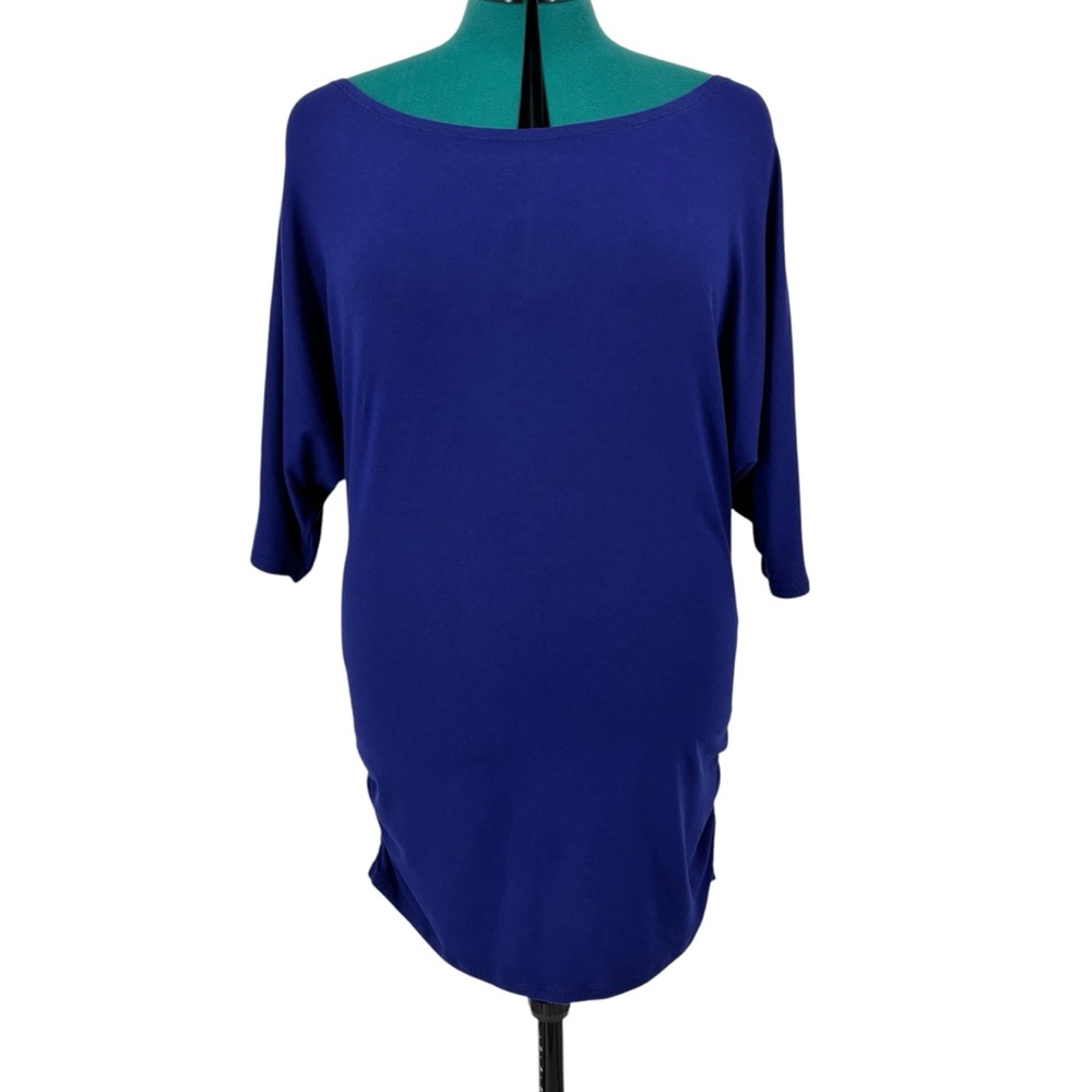 Ava Gray Cobalt Blue Boat Neck Short Dolman Sleeve Ruched Hip Top, Medium